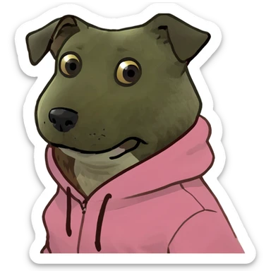 Dog wearing a pink hoodie with brown fur sticker