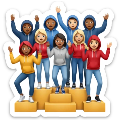 multi-racial people in jeans and hoodies on a winners podium, center step higher, no numbers, excited fun expressive emoji style sticker
