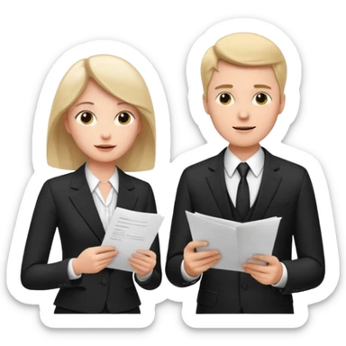 white man in formal suit talking to white woman in formal suit, they sit, papers in hands sticker