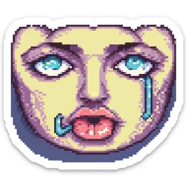 pixel art face making the eyelid pulling with tongue out gesture, retro and expressive sticker