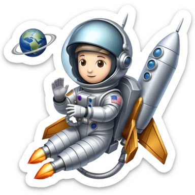 An icon featuring a rocket, a satellite, and an astronaut helmet, symbolizing aerospace technology. The design includes spacecraft, wings, and a planet, representing the exploration of space and aviation advancements. Transparent background. sticker