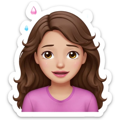 girl with wavy long brown hair, brown eyes, light to medium complexion, long lashes, light pink lipstick, wearing light pink shirt, smiling, crying with big pink tears sticker