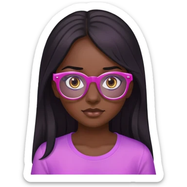 Dark skin , girl , long black hair , pink see through glasses , brown eyes , purple shirt sticker