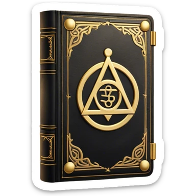 A black and gold book with an aged leather texture, embossed with an alchemical symbol, a compass, or a forging hammer, exuding wisdom, mastery, and the relentless pursuit of greatness. - book on mastery ... silhouette of a triangle  sticker