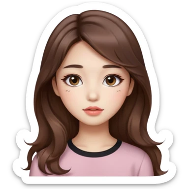 “korean straight brown hair Emoji girl, soft eyeliner and blush, gradient lips, light brown shimmer eyeshadow, long wavy hair,  sticker