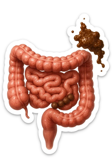INTESTINO UMANO ANATOMICO REALISTICO CON FECI A PALLINE E FECI LIQUIDE CHE FLUTTUANO DIETRO BEN DISTINTE, IPERREALISTICO 4K sticker