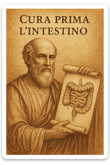 Vertical format: Hippocrates holding an ancient scroll with a drawing of an intestine, wise expression, Italian text: 'Cura prima l’intestino.' sticker