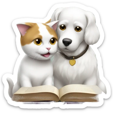 white cat and dog reading books together  sticker