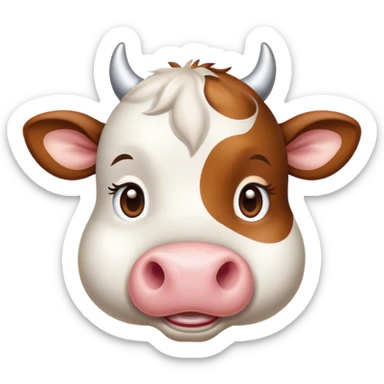 Cinematic Cute Brown and White Cow Portrait Emoji, Head tilted playfully and inquisitively, featuring a glossy, richly patterned hide of brown with striking white patches, round, sparkling brown eyes filled with gentle curiosity, Simplified yet irresistibly adorable features, highly detailed, glowing with a warm, friendly glow, high shine, affectionate and serene, stylized with a touch of country charm, bright and endearing, soft glowing outline, capturing the essence of a mischievous yet loving cow, so playful it feels like it could moo out of the screen and into your arms! sticker