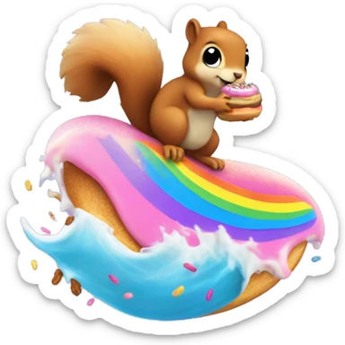 A squirrel surfing on a large blue wave with a donut with pink frosting and rainbow sprinkles in her hand sticker