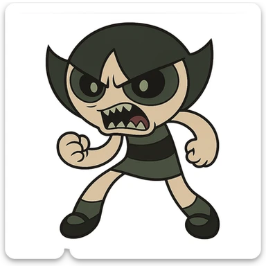 Buttercup from Powerpuff Girls, cartoon style, full body, scary and intimidating face, aggressive pose, dark and eerie colors sticker