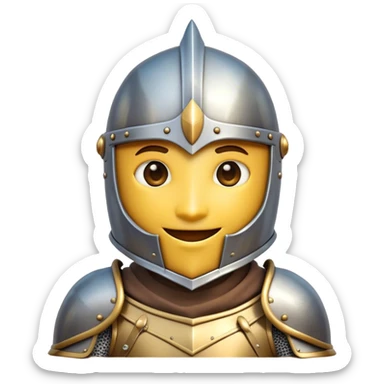 Clash of Clans aesthetic Playful Knight Portrait Emoji, Head tilted with a subtle, cheeky smile peeking from beneath an open helm, showcasing a compact, stylized armored build with bright, expressive eyes in natural skin tone, Simplified yet irresistibly charming features, highly detailed, glowing with a warm, inviting metallic glow, high shine, spirited and approachable, stylized with an air of whimsical chivalry, soft glowing outline, capturing the essence of a playful knight exuding friendly valor! sticker