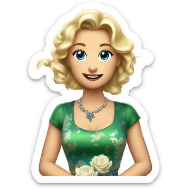 Create an image of a blonde girl with medium-length hair, blue eyes, wearing a flower-patterned silk skirt and green top, holding an Oscar. Behind her, two happy male waiters with brown hair wear white shirts, black vests, and black ties. sticker