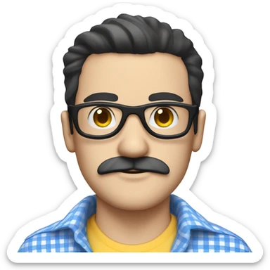 White man with straight black hair and mustache, wearing a blue and white gingham shirt and black goggles sticker