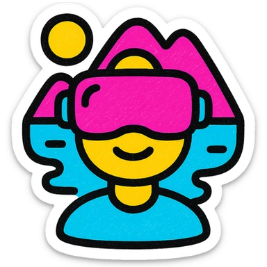 A modern, minimalistic icon of a virtual reality scene in flat design style, using bright and harmonious colors, suitable for mobile and web applications. sticker