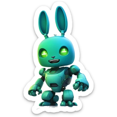  blue and green robot rabbit in a futuristic cityscape, with its fist raised against a backdrop of skyscrapers. sticker
