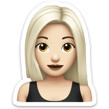 woman with black hair and pale skin wearing black dress and holding computer sticker