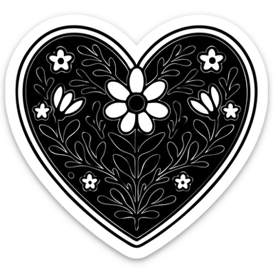 Red heart with a minimalist Scandinavian folk art motif in bright folk colors, black outlines around the motif, gold border around the heart, transparent background. Motif is bold and clear for small sizes. sticker