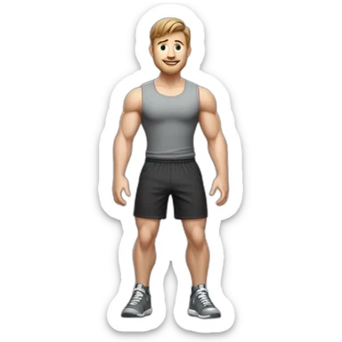 Full height realistic Actively gesturing with hands Pale skinned Fit Man With the biceps and brown hair in dark gray Sleeveless Mike, black oversize sports shorts, watch and white Sneakers sticker