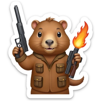  smiiling capibara  with fire guns in hands  sticker