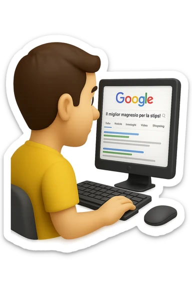 emoji stile iphone di un uomo davanti al pc che cerca di google: "Il miglior magnesio per la stipsi", iperrealistico 4k sticker