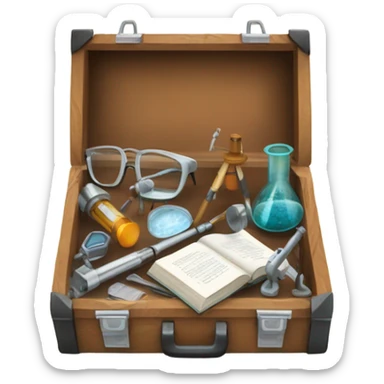 toolbox for scientist with a book, glasses, microscope sticker