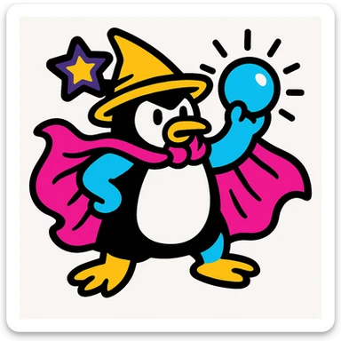 Add a magical star accessory inspired by the black star in the first reference image to the penguin wizard's hat. The star should look like a magical emblem, bold and colorful in style, matching the vibrant toon style. sticker