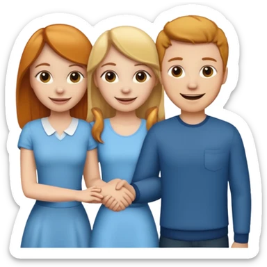 3 emojis holding hands, ginger white girl on the left, brunette white man in the middle, blonde white girl on the right sticker