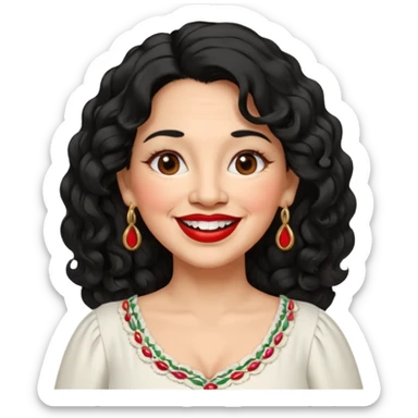 60 yr old Mexican woman, slightly chubby, wavy/curly long black hair, red lipstick, big smile, white teeth, brown eyes, hoop earings, side part to hair, round face, pretty white dress, hair side swept, big hoop earing sticker