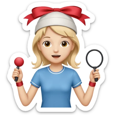 Show three big emojis: 👧🏻🎀 (the doll singing), 😀👕4️⃣5️⃣6️⃣🤾 (a player jumping rope), 👦🏻🧢 (child figure). sticker