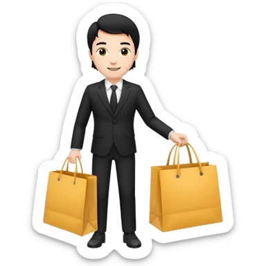 a white man black hair in a black suit with clothing shopping bag sticker