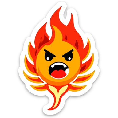 "A highly expressive emoji-style face with wide, bloodshot eyes and an open mouth, breathing a large burst of fire. The emoji has an exaggerated, cartoonish look with bright yellow and orange tones. The fire is detailed with red, orange, and yellow flames, creating a dramatic effect. sticker