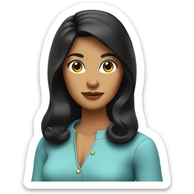 Tanned woman with long black hair wearing 1960s style outfit and hair sticker