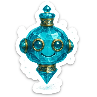 premium class crystal elixir bottle in the shape of a friendly robot head, cyan color, lots of shining, facets, ornaments, golden details, magical effects, very small golden collar, transparent background, beautiful merging base, clearly floating in the air, no base or shadow, very luxurious, playful, matching the collection sticker