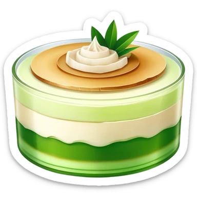 Coconut Pandan Jelly Cinematic Realistic Coconut Pandan Jelly Dessert Emoji, depicted as a layered jelly with distinct strata of coconut and pandan flavors, rendered with delicate textures and vibrant, tropical lighting. sticker