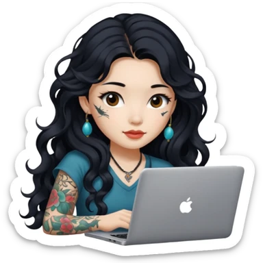 Beautiful girl with tattoos, with long black hair, wavy hair, Chinese with a laptop   sticker