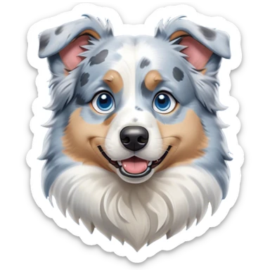 Cinematic Comical Blue Merle and White Australian Shepherd Portrait Emoji, Head tilted dramatically with an exaggeratedly shocked or offended expression, short blue merle fur with striking white patches, wide, expressive blue eyes filled with exaggerated disbelief, Simplified yet hilariously expressive features, highly detailed, glowing with a slightly sassy glow, high shine, dramatic yet playful, stylized with an air of attitude, bright and endearing, soft glowing outline, capturing the essence of a sassy and over-the-top pup, so meme-worthy it feels like it could side-eye its way into internet fame instantly! sticker