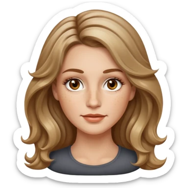 long dark Blond with highlights wavy hair white women, oval shape face hazel eyes long lashes little bit of freckles on the nose high cheek bones sticker