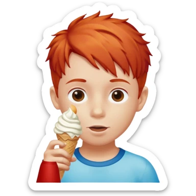boy kid red haired swim short, eating ice cream, sun sticker