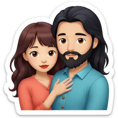 handsome asian man with long black hair and beard, hugging cute tan skin woman with long wavy reddish brown hair with bangs and coral lipstick sticker