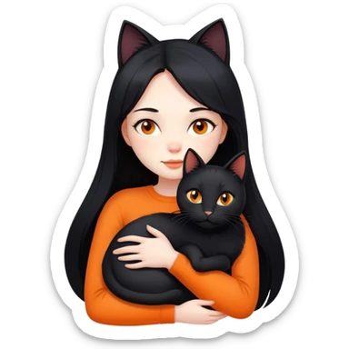 A girl with long black hair hugs a black cat, an orange cat, and a black cat sticker