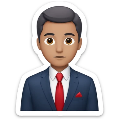 man wearing a dark blue-gray business suit with a white shirt and a red tie sticker