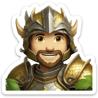 fantasy warrior, dragon-themed armor, intricate scales, dragon scale helmet, confident smile, medieval background, wooden structures, greenery sticker