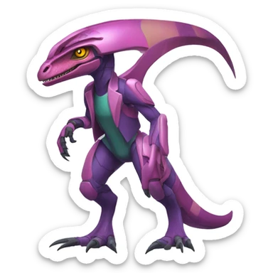 Colorful Edgy Velociraptor-Genesect-Fakémon-Pokémon wearing a with a futuristic cyber-helmet And suit Full Body sticker