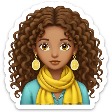 bohemian style girl, brown skin, long brown curly hair tied high, lemon yellow scarf, round earrings sticker