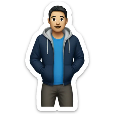 asian man wearing blue plaid pants and a black jacket over a navy blue hoodie sticker