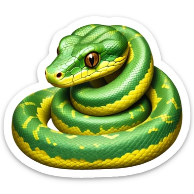 cinematic-green tree python-realistic-full-body-coiled-emoji,-thick-scaled-body-looped-tightly,-intricate-brown-and-gold-patterned-scales-reflecting-light,-head-tilted-dramatically,-slitted-eyes-staring-calmly,-simplified-yet-realistic-focused-feature sticker