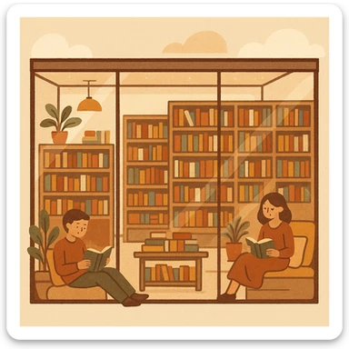 modern bookstore with glass facade, open shelving, cozy reading nooks, natural light, stylish decor sticker