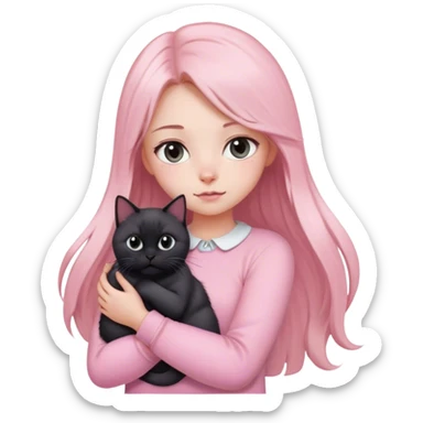 
girl with light long hair, grey eyes and fair skin in pink pastel clothes holds a black British cat in her arms sticker