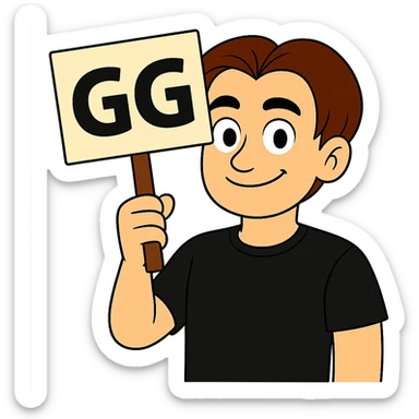 Edit the first image so that the person holds the sign the same way as in the second image: the sign should be next to the head, and the hand should hold the sign's stick. Keep the cartoon style and transparent background. sticker
